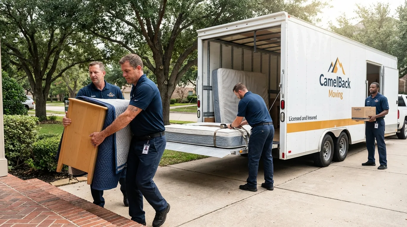 Crew loading residential truck for cross-state move from Mountain View, CA