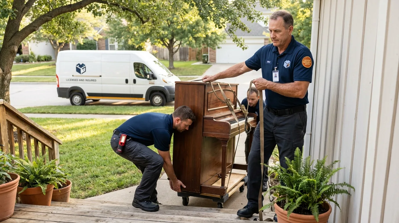 Licensed piano movers securing grand piano in Mountain View, CA