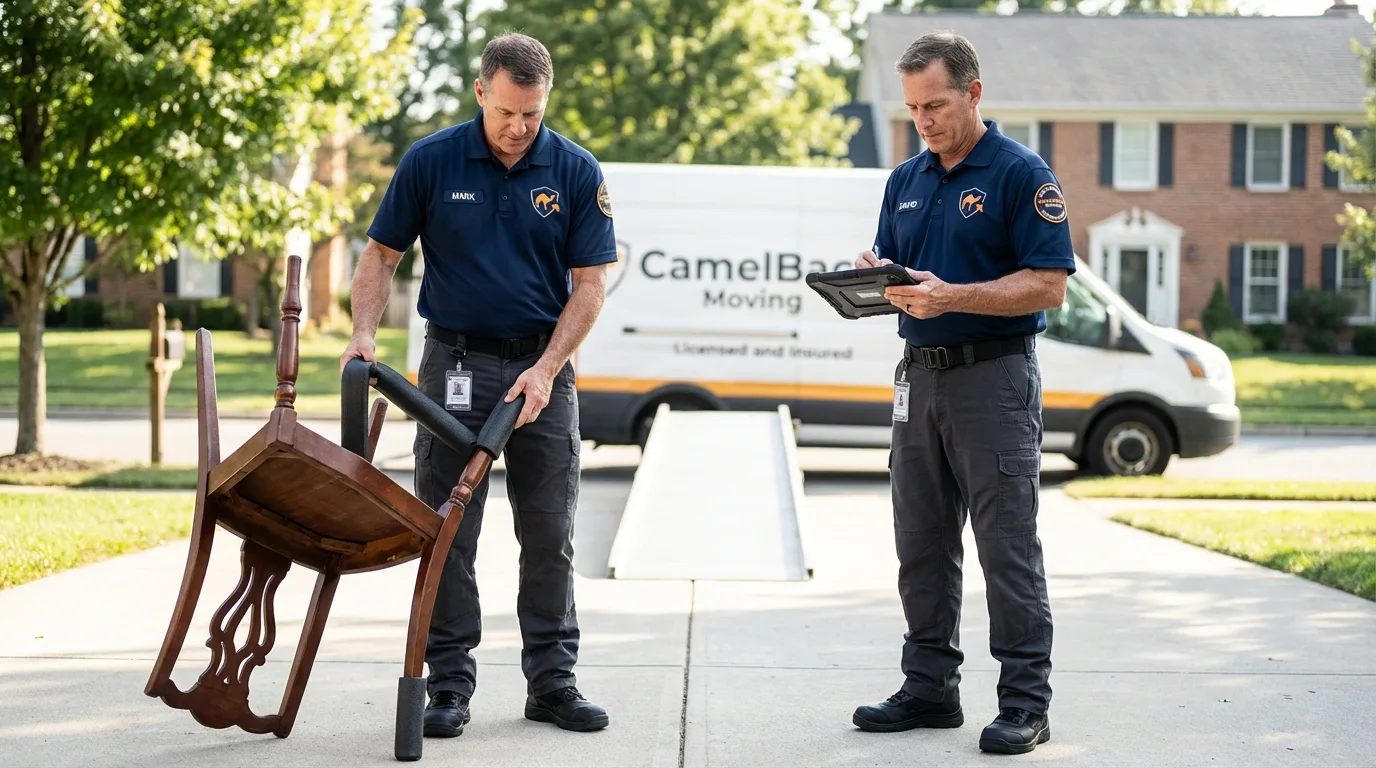 Movers inspecting furniture for damage prevention before loading in Mountain View, CA